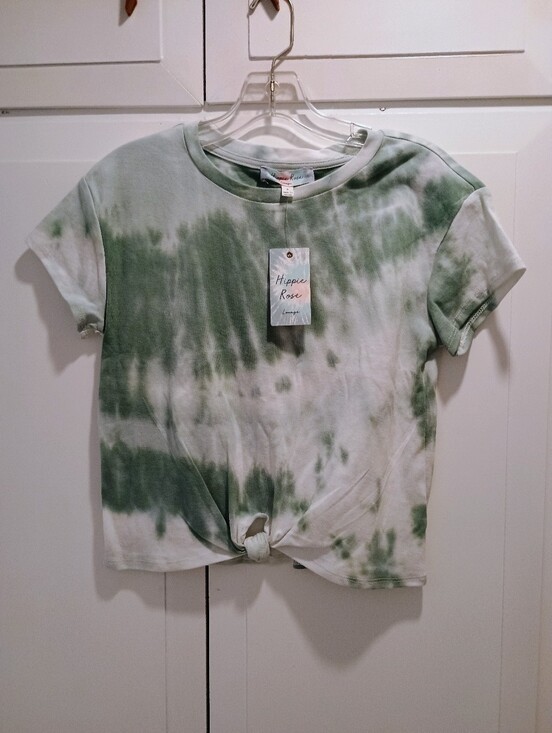 Hippie Rose Tops - Hippie Rose Green and White Tie-Dye Knot Front Tee